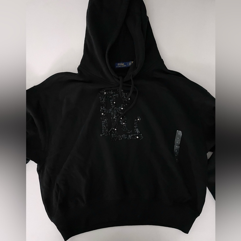 SET POLO RALPH LAUREN Embellished Logo French Terry Hoodie Jogger L Black bling - Picture 12 of 17
